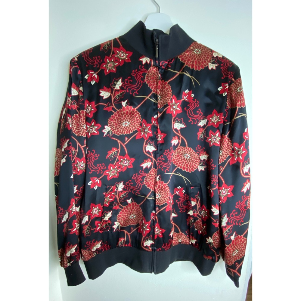 Notations Silk Bomber Jacket Womens Large Black Red Floral Chrysanthemum Zip Up